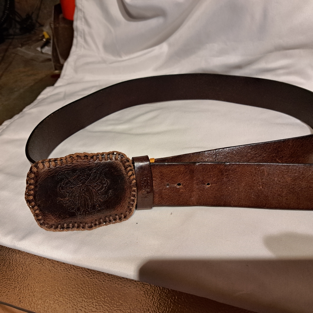 Hugo Boss Distressed Brown Leather Belt with Ornate Buckle